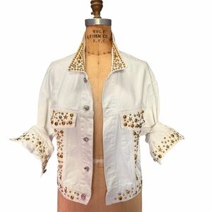 Caché White Denim Jacket With Gold Stud Embellishments Size M